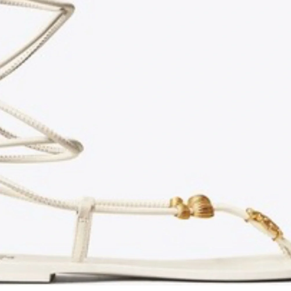 Tory Burch,Capri White and Gold Lace up Sandals with Elegant Charms - Picture 5 of 8